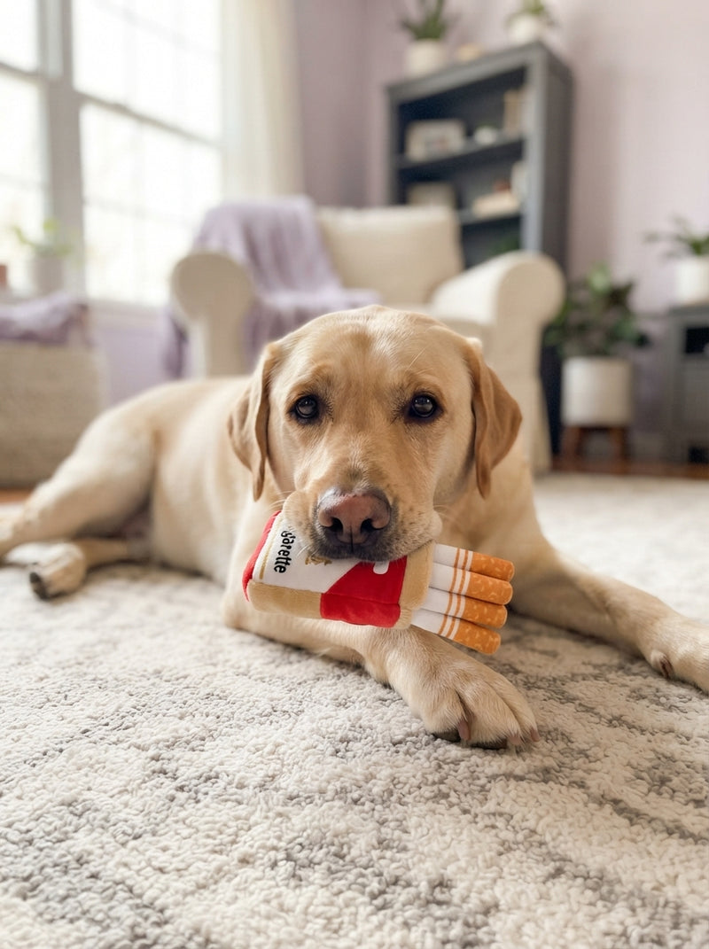 A Labrador retriever sitting on a rug holding a plush imitation cigarette dog toy in its mouth.