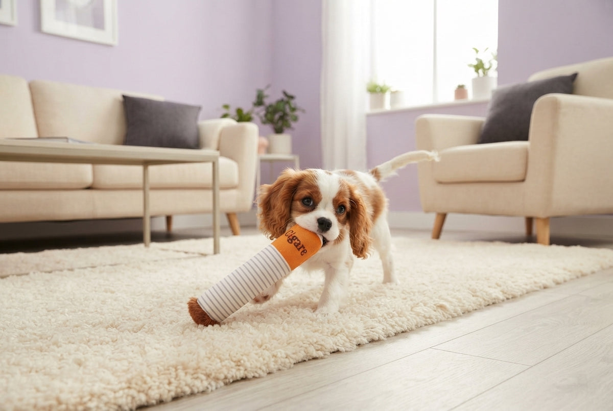A small dog playing with a plush cigarette-shaped toy in a modern, cozy living room with lavender and cream decor.